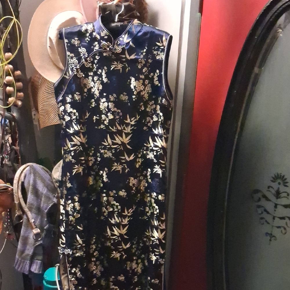 Navy Floral Satin Cheongsam Dress